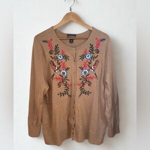 Land's End Embroidered 100% Supima Cotton Fawn Heather Cardigan Sweater Size 2X